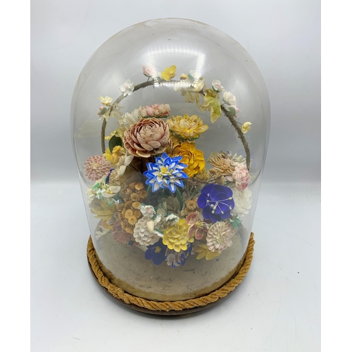 2352 - Antique Italian Sea Shell “Diorama” In The Form Of Flowers In Glass Dome. H 38cm.