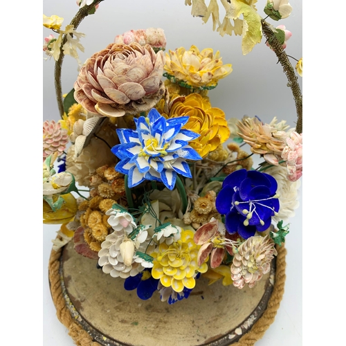 2352 - Antique Italian Sea Shell “Diorama” In The Form Of Flowers In Glass Dome. H 38cm.