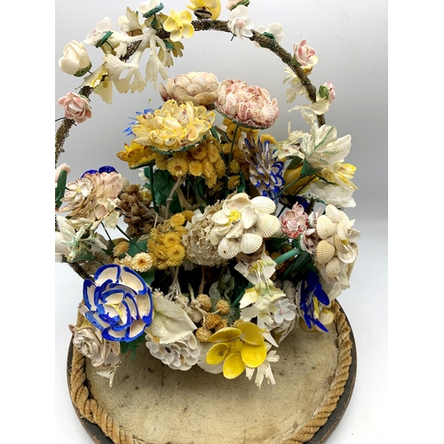 2352 - Antique Italian Sea Shell “Diorama” In The Form Of Flowers In Glass Dome. H 38cm.