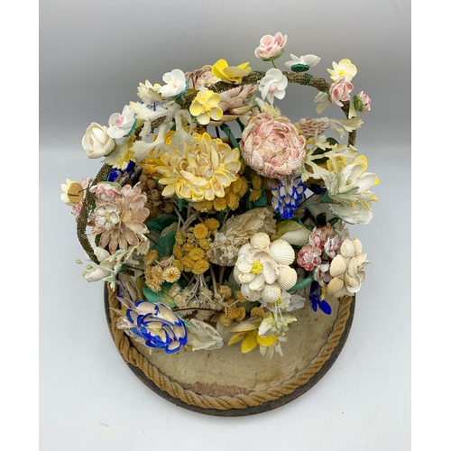 2352 - Antique Italian Sea Shell “Diorama” In The Form Of Flowers In Glass Dome. H 38cm.