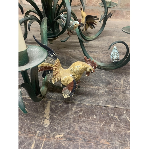 1103 - Large Metalware Cockerel Hen & Bird Design Hanging Ceiling Chandelier Light. H 54cm.