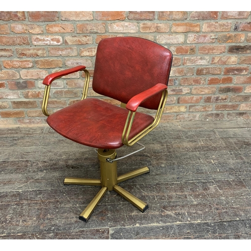 1291 - Vintage red leather & metal frame Barbers chair. H 90cm.