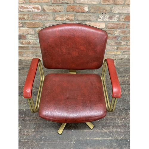 1291 - Vintage red leather & metal frame Barbers chair. H 90cm.