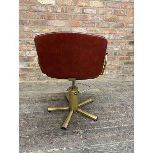 1291 - Vintage red leather & metal frame Barbers chair. H 90cm.