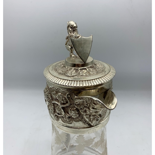 2233 - Silver Plate Claret Jug With Etched Glass Finish & Impressive Lion & Shield Finial Top. H 28cm.