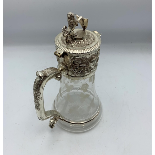 2233 - Silver Plate Claret Jug With Etched Glass Finish & Impressive Lion & Shield Finial Top. H 28cm.