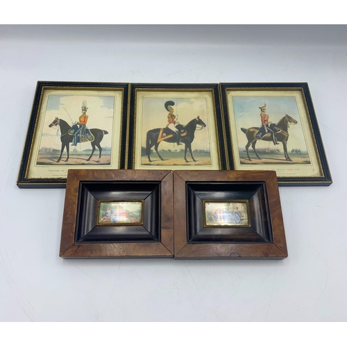 1370 - Pair Of Framed Regency Miniature Watercolours With Three Antique Military Prints (5)