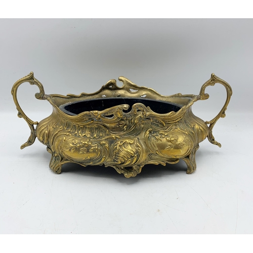 2385 - Twin handled brass Art Nouveau planter with liner. W 33cm x H 12cm.