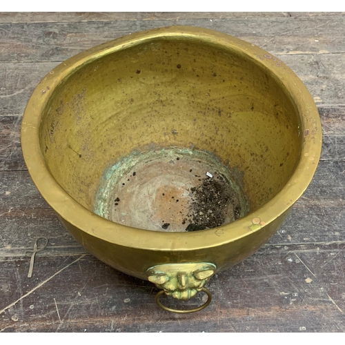 2387 - Heavy brass coal or log bucket with twin handled Lion Head design. H 27cm x D 35cm.