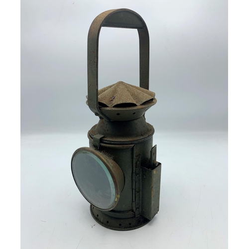 1093 - C Eastlake and Sons Green Railroad Lantern With Military Crow Foot Markings. H 32cm.