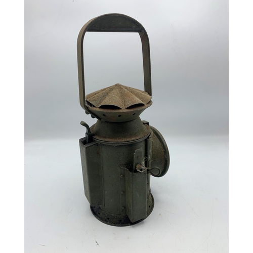 1093 - C Eastlake and Sons Green Railroad Lantern With Military Crow Foot Markings. H 32cm.