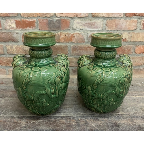 2264 - Pair of 19th century Large Chinese Green Salt Glazed Vases With Floral & Foo Dog Design. H 40cm.