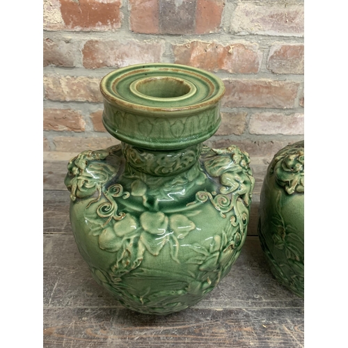 2264 - Pair of 19th century Large Chinese Green Salt Glazed Vases With Floral & Foo Dog Design. H 40cm.