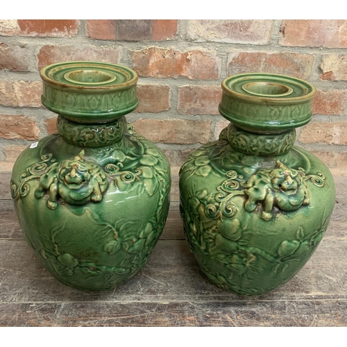 2264 - Pair of 19th century Large Chinese Green Salt Glazed Vases With Floral & Foo Dog Design. H 40cm.