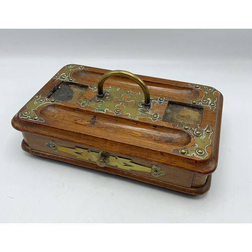 2299 - Oak Wood & Brass Gothic Style Desktop Pen Tray. 28cm x 17cm.