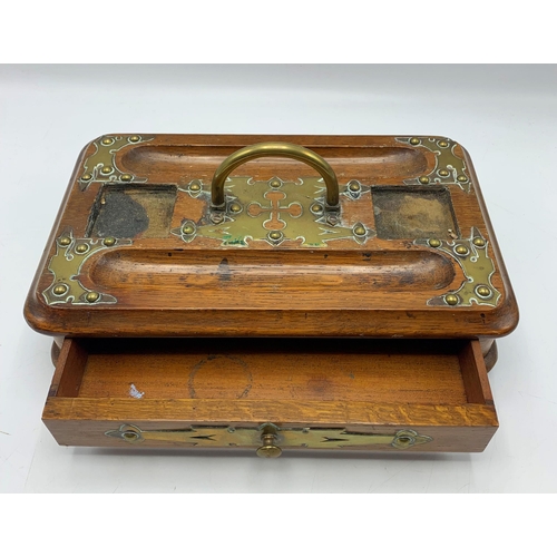 2299 - Oak Wood & Brass Gothic Style Desktop Pen Tray. 28cm x 17cm.