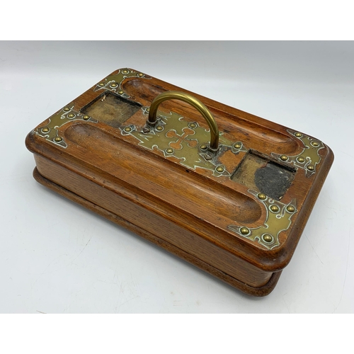 2299 - Oak Wood & Brass Gothic Style Desktop Pen Tray. 28cm x 17cm.