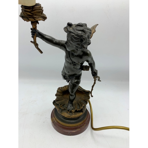 1097 - Bronze Cherub Design Table Lamp With Marble Base. 48cm.