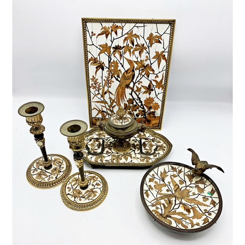 2350 - French Empire Brass & Bone Goats Head Inkwell, Candlesticks, Pin Tray & Panel, with monogram and dat... 