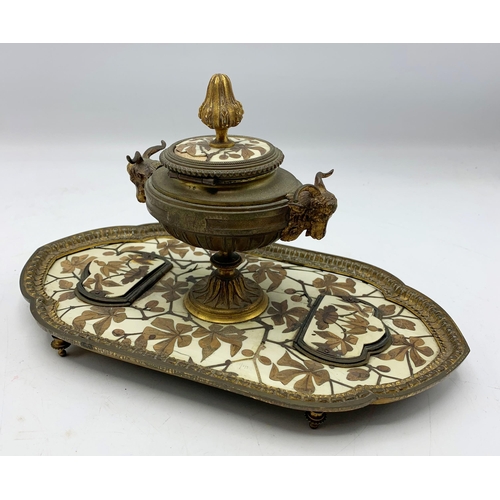 2350 - French Empire Brass & Bone Goats Head Inkwell, Candlesticks, Pin Tray & Panel, with monogram and dat... 