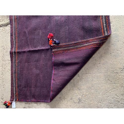 1438 - Unusual South West Persian Qahgai Kilim, purple ground with colourful tassels, 130 x130cm