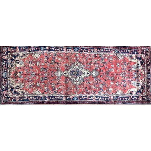 1441 - Good Persian Sarouk Mahal runner, traditional floral decoration on a washed red and blue ground, 320... 