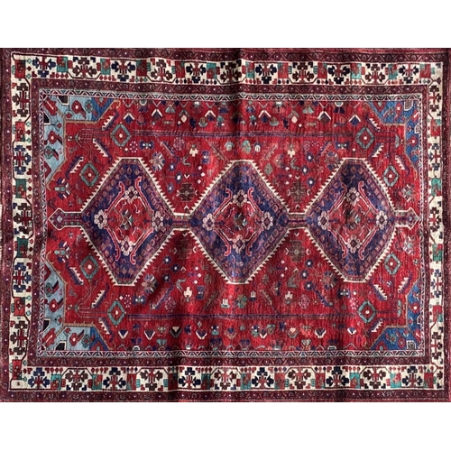 1442 - Good South West Persian Afshar rung, traditional three medallion decoration on red ground, 240 x 170... 