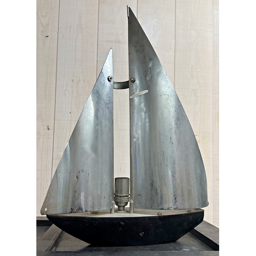 1088 - Vintage chrome and steel sail boat lamp, 48cm high (needs rewiring)