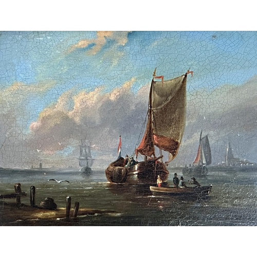 1386 - Early 19th century Dutch school - Marine scene with figures, unsigned, oil on panel, 21 x 28cm, gilt... 