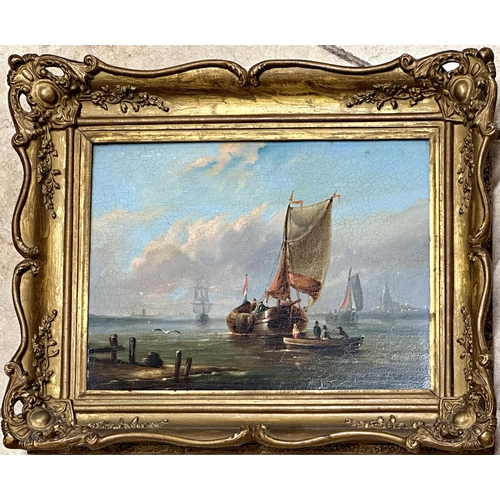 1386 - Early 19th century Dutch school - Marine scene with figures, unsigned, oil on panel, 21 x 28cm, gilt... 