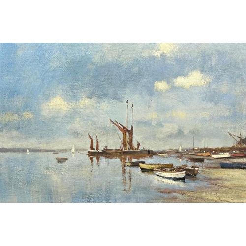 1389 - James Brereton (British, Born 1954) - a Norfolk Harbour, unsigned, inscribed label verso, oil on boa... 