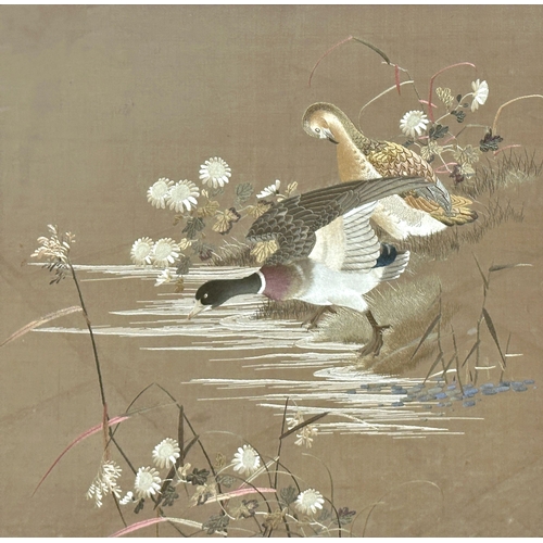 1427 - Good quality Chinese silkwork picture of ducks on the waters edge, 56 x 58cm, framed