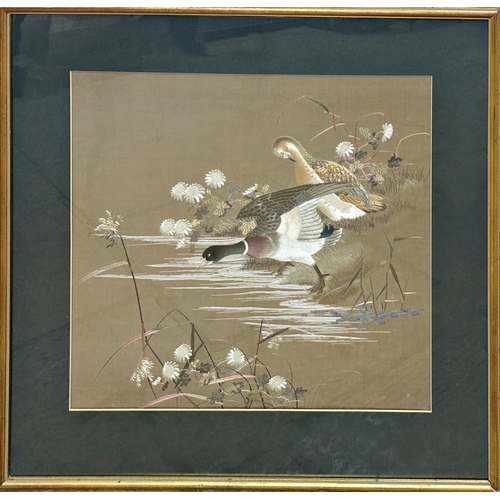 1427 - Good quality Chinese silkwork picture of ducks on the waters edge, 56 x 58cm, framed