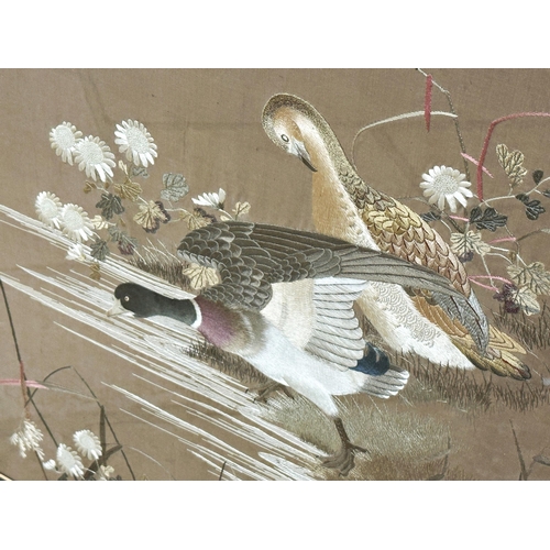 1427 - Good quality Chinese silkwork picture of ducks on the waters edge, 56 x 58cm, framed