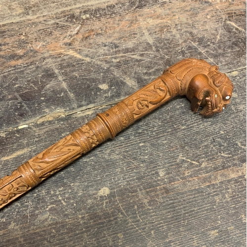 2314 - Exceptional quality 19th century carved Mysore sandalwood walking cane with lions head handle, 81.5c... 