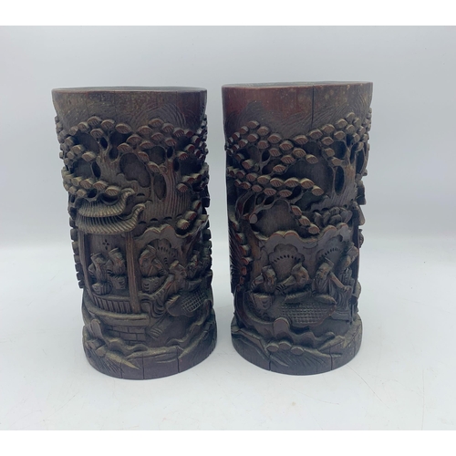 2259 - Pair of carved Chinese brush pots, H 22.5cm x 9cm diameter (2)