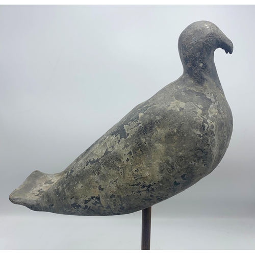 2388 - Antique estate made lead decoy pigeon raised on a wood block stand, H 49cm