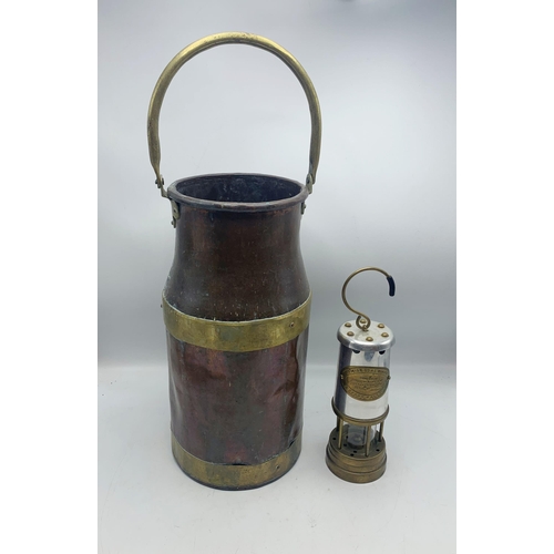 2396 - Antique copper and brass churn with loop handle, H 40cm, together with a Welsh coal miners lantern, ... 