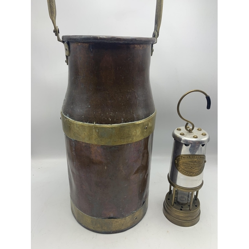 2396 - Antique copper and brass churn with loop handle, H 40cm, together with a Welsh coal miners lantern, ... 