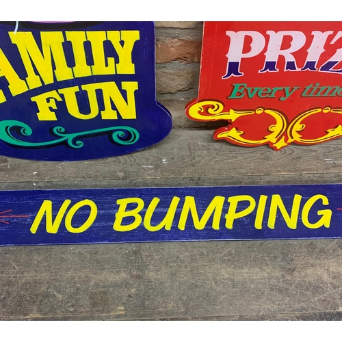 395 - Quantity Of Hand Painted Wooden Fairground Signs. Largest L 115cm.