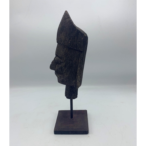 2272 - Carved Wooden African Tribal Head Mounted Atop Wooden Base. H 34cm.