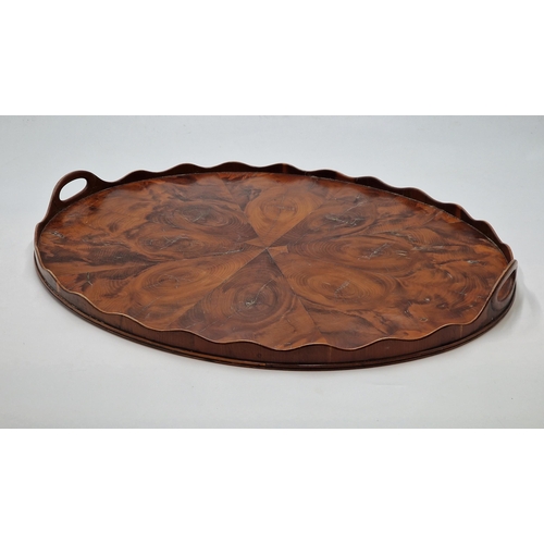 2301 - Good quality 19th century oyster veneered laburnum wood oval butlers tray with shaped gallery and tw... 