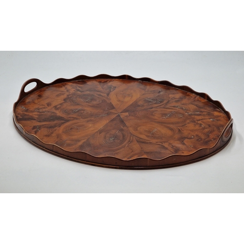 2301 - Good quality 19th century oyster veneered laburnum wood oval butlers tray with shaped gallery and tw... 