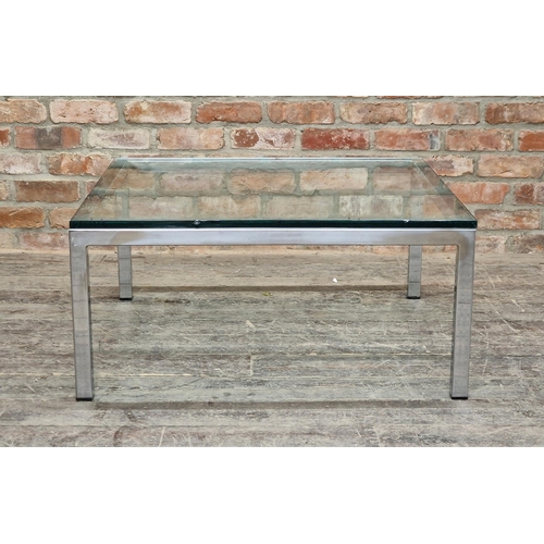 1147 - Contemporary chrome and glass coffee table, H 43cm x W 92cm x D 92cm