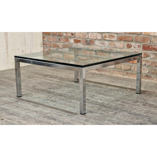 1147 - Contemporary chrome and glass coffee table, H 43cm x W 92cm x D 92cm