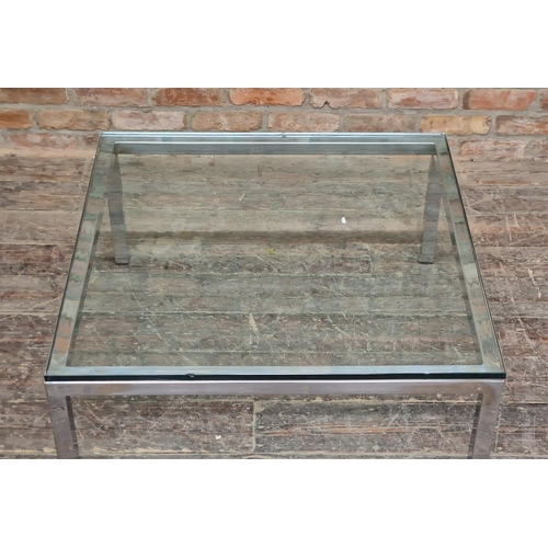 1147 - Contemporary chrome and glass coffee table, H 43cm x W 92cm x D 92cm