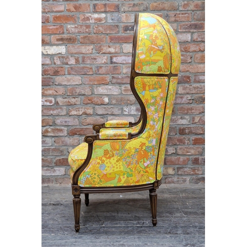 1310 - 20th century American hooded porter's chair finished in Bohemian style upholstery raised on turned f... 