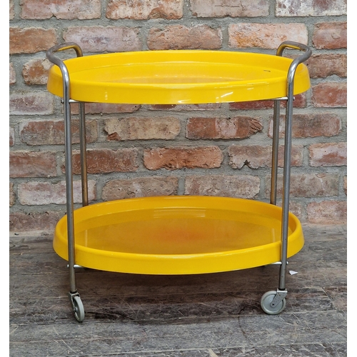 1150 - Vintage two tier aluminium trolley with removeable yellow acrylic trays, H 62cm x W 64cm x D 46cm