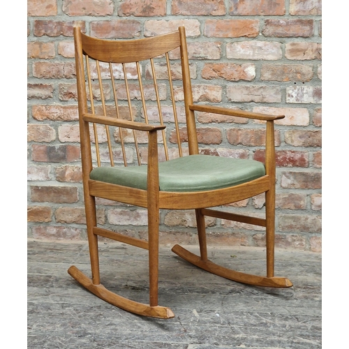 1152 - Arne Vodder for Sibast Furniture - Danish teak spindle back rocking chair, H 96cm x W 57cm x D 67cm