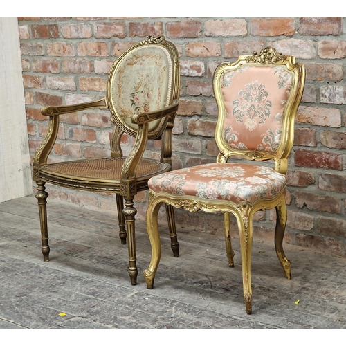 1311 - 19th century French giltwood and gesso futile with cane seat and upholstered back, H 93cm, together ... 